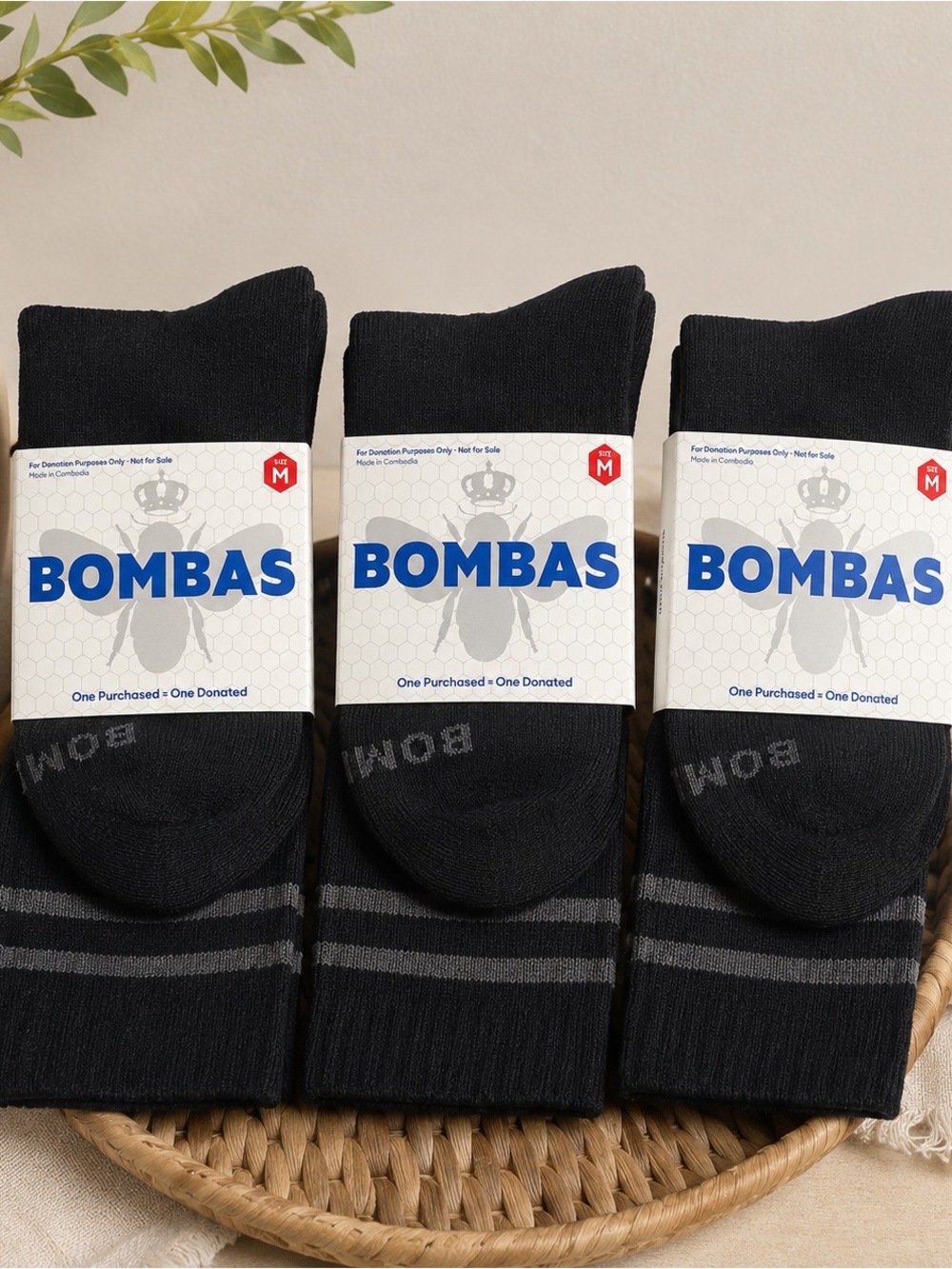 Bombas Black Crew Socks with Subtle Gray Stripes